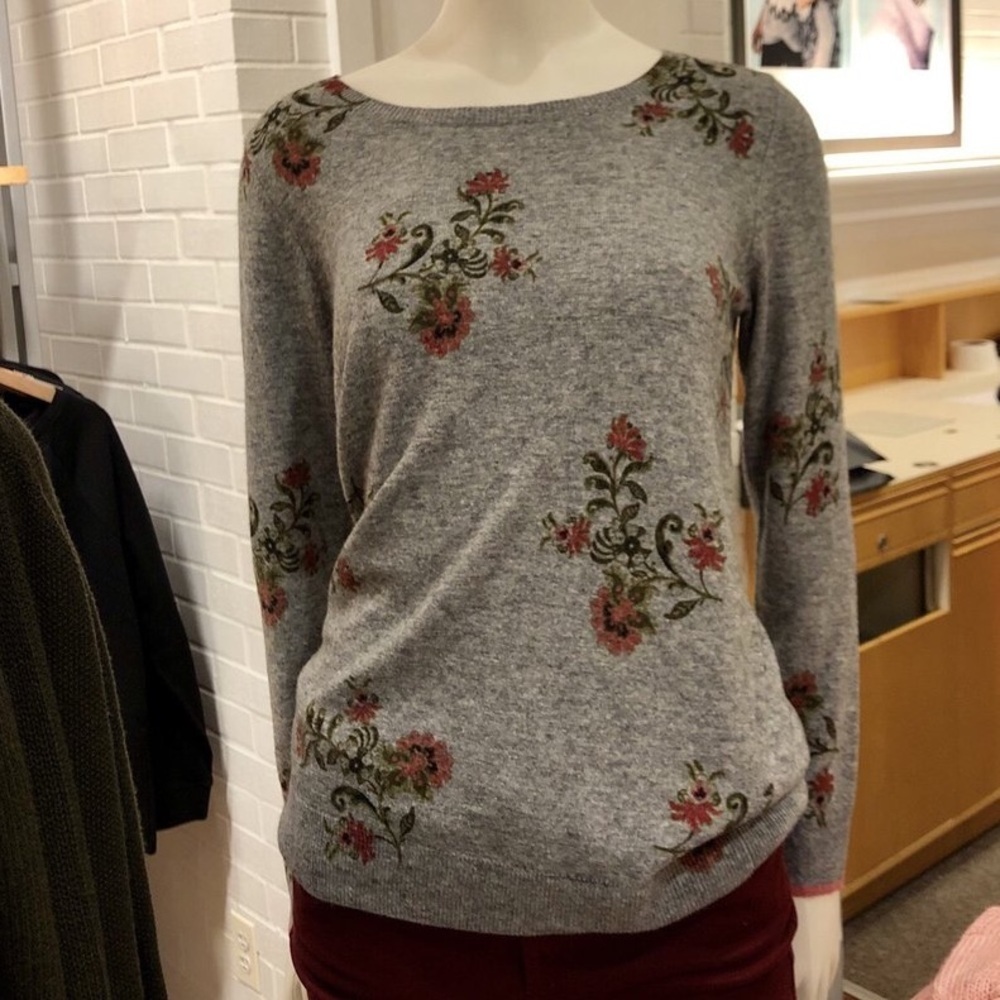 LOFT Floral Wool Blend Crewneck Sweater Gray